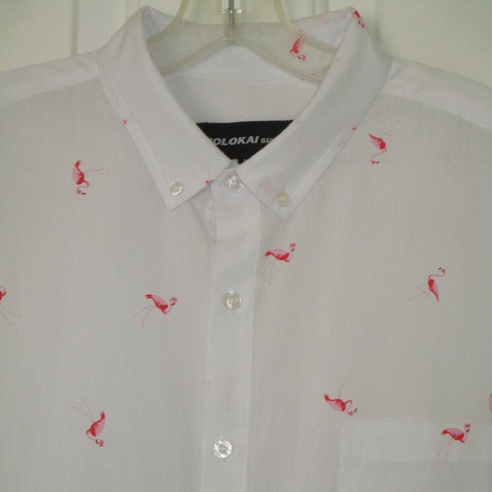 Molokai Surf Mens S/S White Cotton Flamingo Casual Resort Shirt NWOT-Size Large*